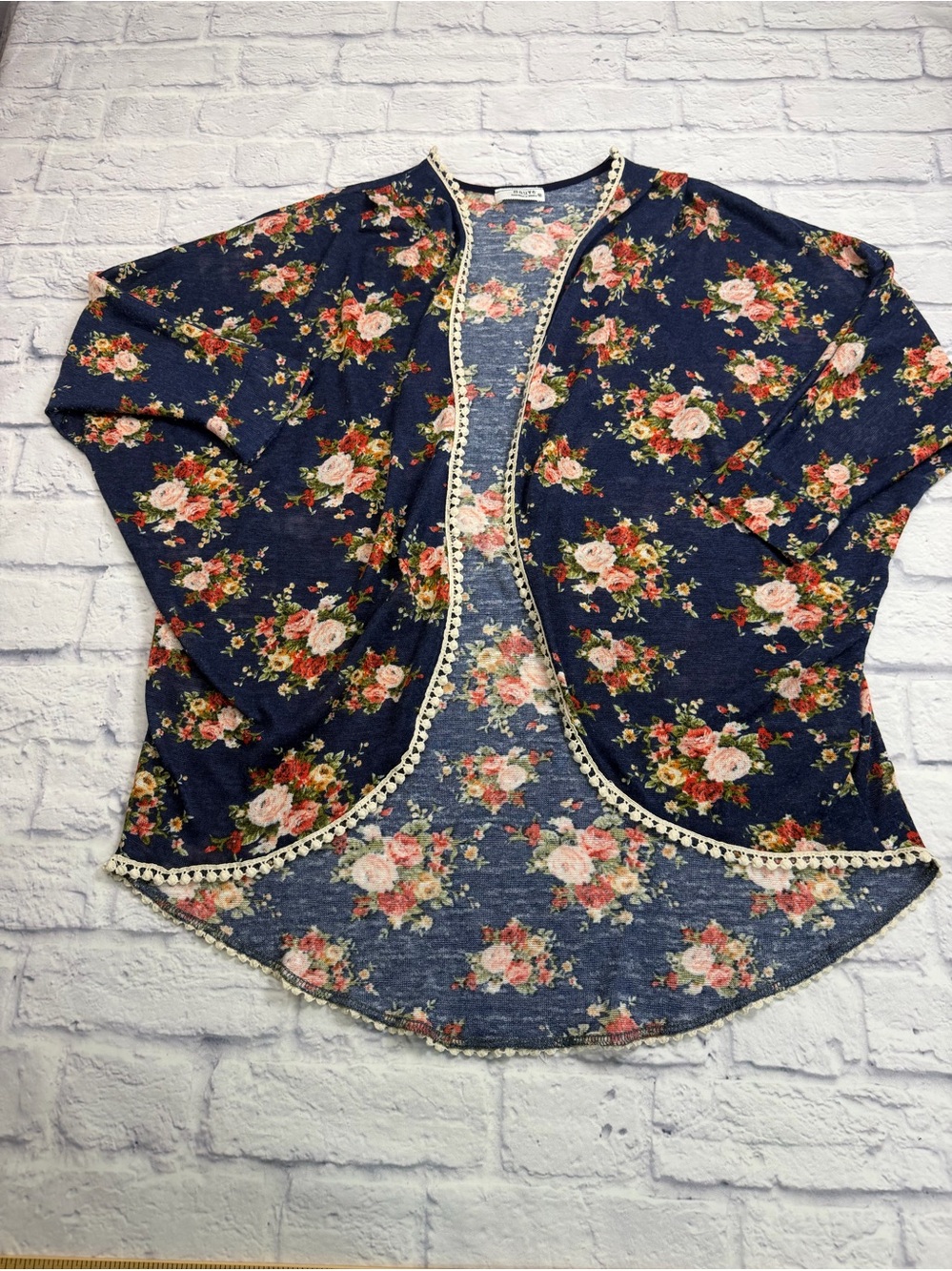 Mauve Navy/Floral Cardigan. Open-front. Cottagecore. Romantic. Feminine. Size M